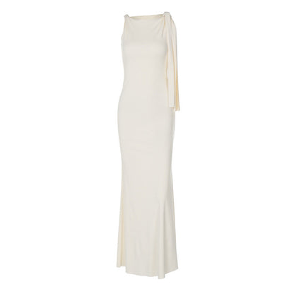 Fashionable Solid Color One-Shoulder Dress with Shoulder Tie