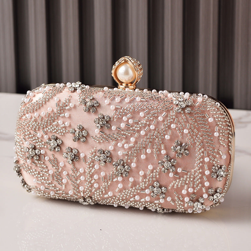 Embroidered Rhinestone Evening Clutch Bag Champagne Color