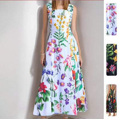 Elegant Floral Print Backless Maxi Dress