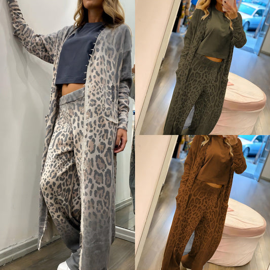 Leopard Print Long Sleeve Cardigan Set with Pants