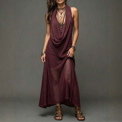 Sheer Mesh Cowl Halter Sleeveless Boho Maxi Dress