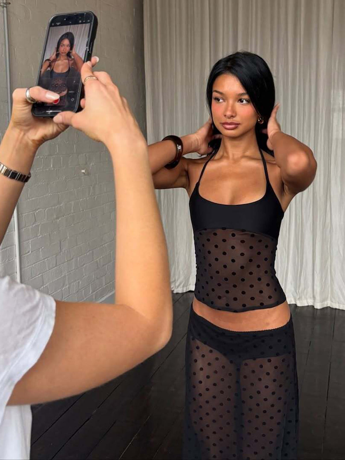 Trendy Polka Dot Sheer Halter Neck Bodycon Dress Set