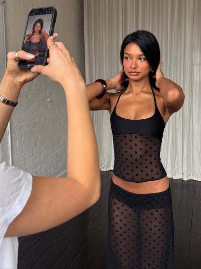 Trendy Polka Dot Sheer Halter Neck Bodycon Dress Set