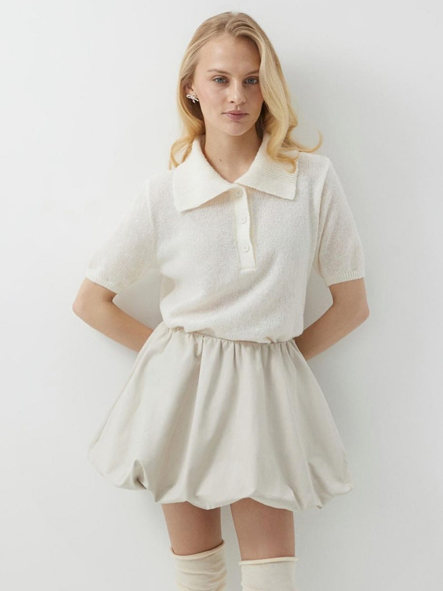 Casual Polo Knitted Short Sleeve Sweater With Puff Sleeves