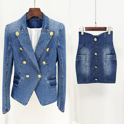 Trendy Tailored Double-Breasted Denim Blazer
