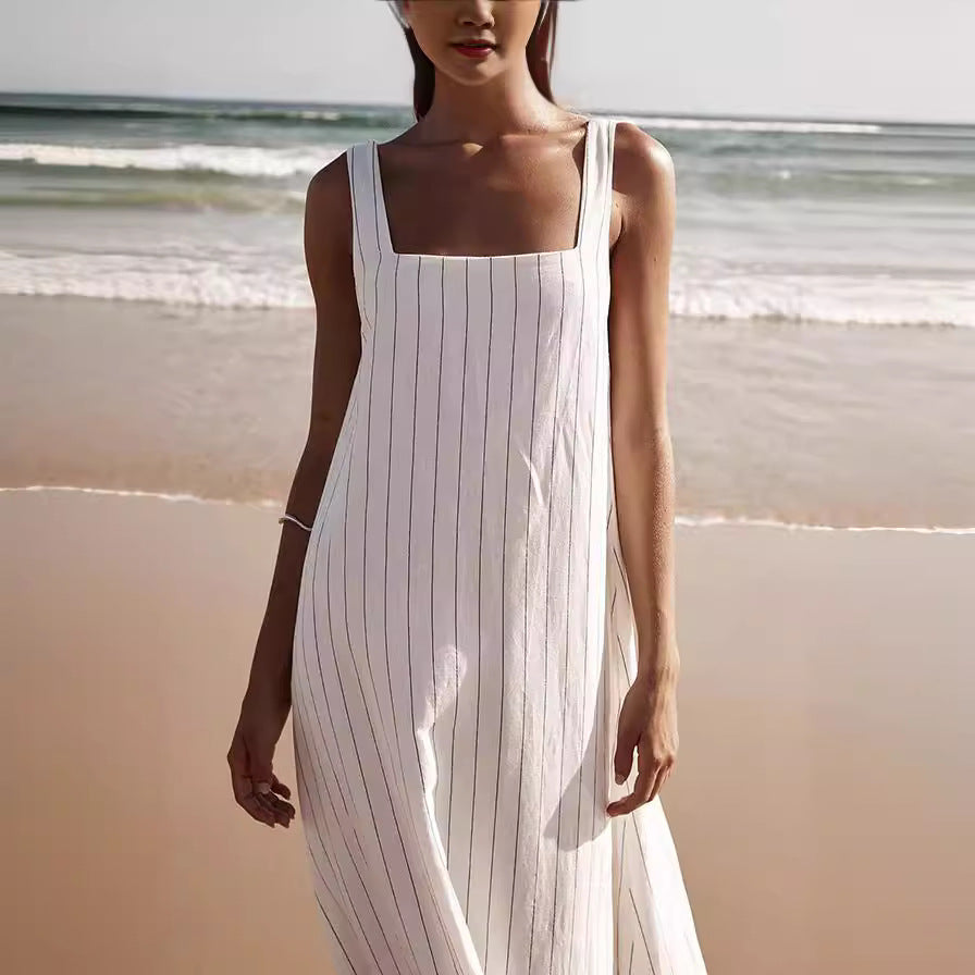 Sleeveless Striped A-Line Dress Comfortable Casual Polyester