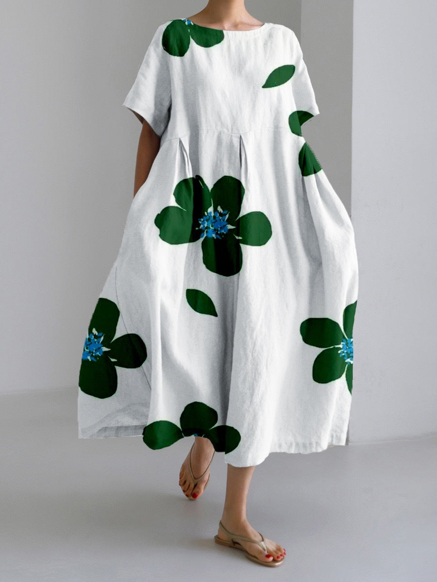 Digital Printing Small Chrysanthemum Women'S Casual Short Sleeve Swing Long Skirt Dress