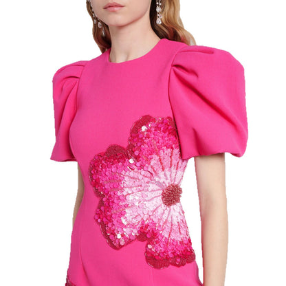 Trendy Beaded Flower Short Sleeve Dress