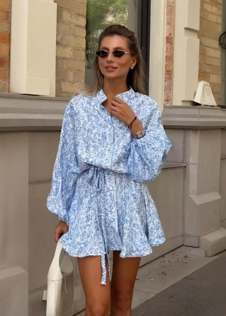 Light Blue Cotton Leaf Print Shirt Dress