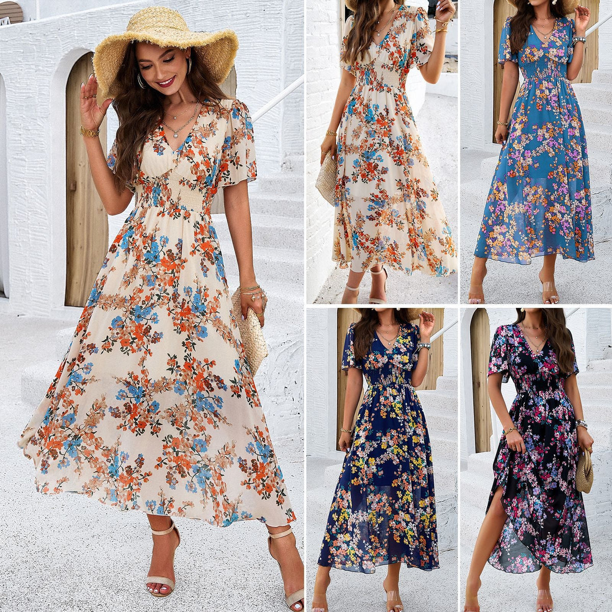 Floral Print Waist-Defining Short Sleeve Dress