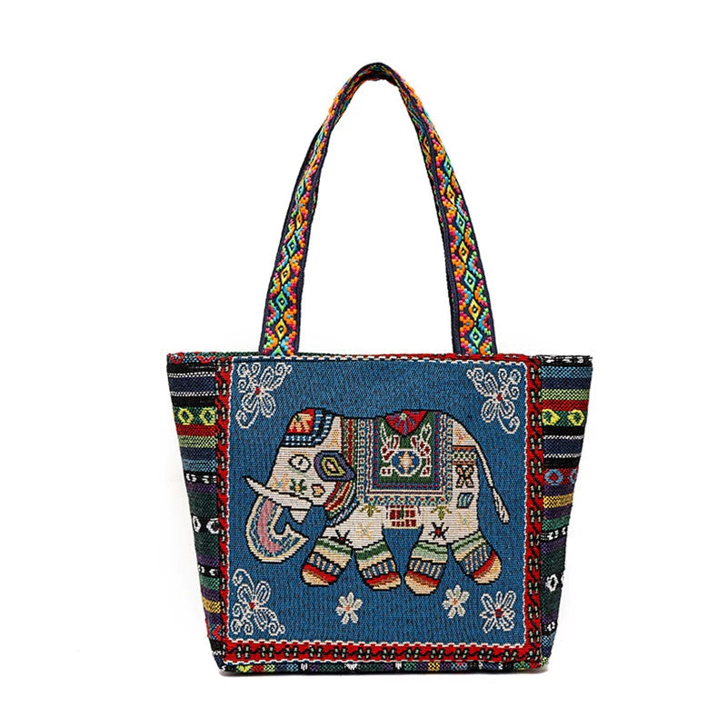 Tote Bag Women'S Bag Going Out Canvas Bag Double-Sided Casual Embroidery Large-Capacity Handbag Ethnic Style Small Square Bag