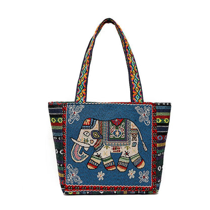 Tote Bag Women'S Bag Going Out Canvas Bag Double-Sided Casual Embroidery Large-Capacity Handbag Ethnic Style Small Square Bag