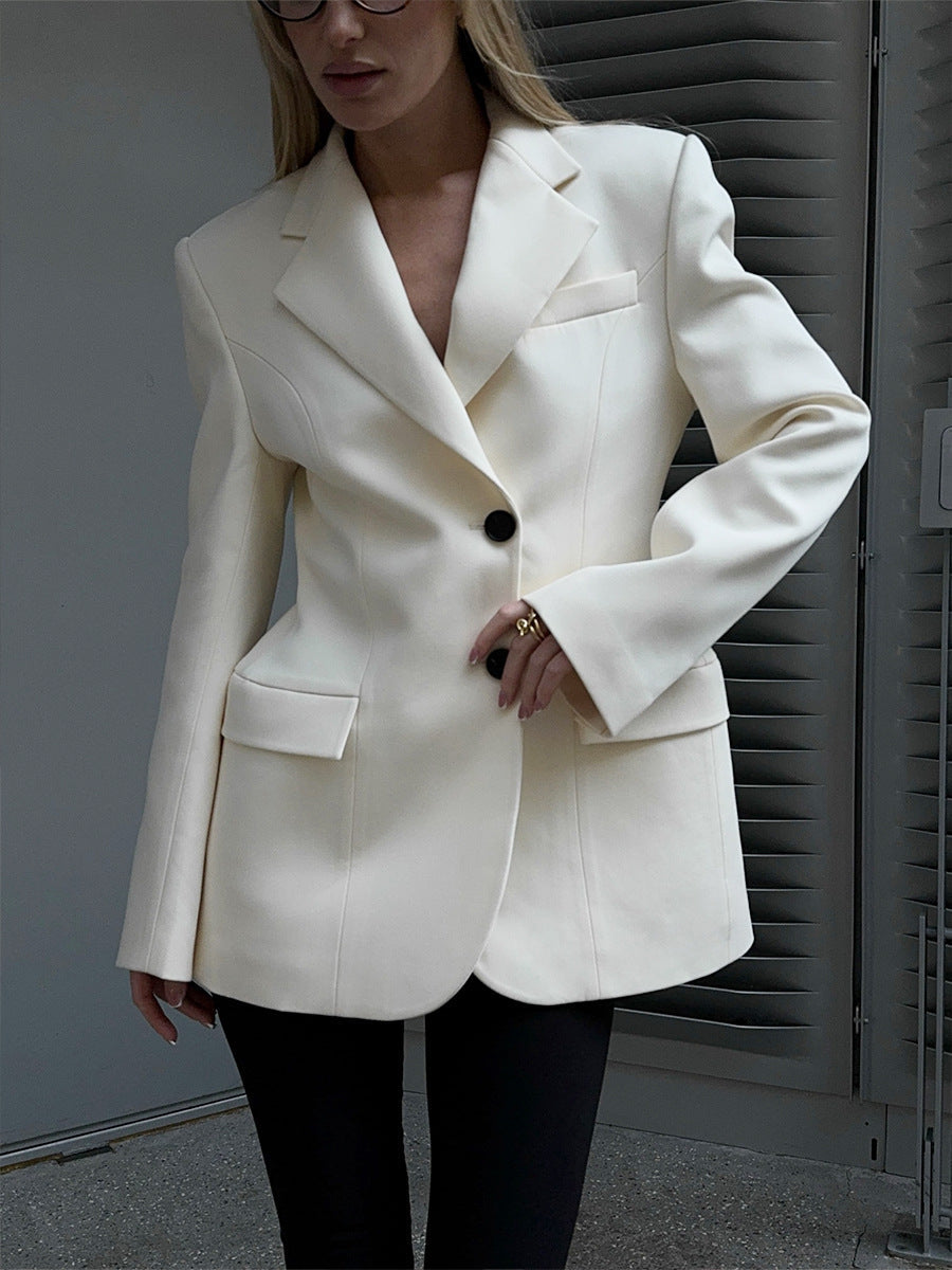 Tailored Women's Blazer with V-Neck and Waist-Cinching Design