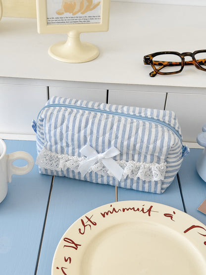 Pastel Striped Lace Storage Pouch Cute Fresh Style