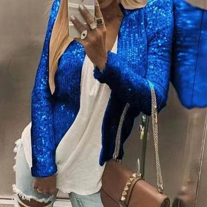 New Women'S Fashion Stand-Up Collar Color Block Color Sequin Coat Short Casual Versatile Small Coat