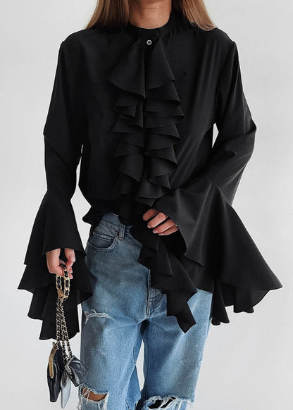 Ruffled Statement Blouse Flowing Black Fabric
