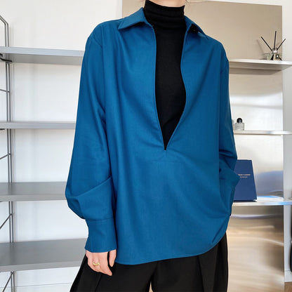Design Sense Light Mature Long Sleeve V-Neck Shirt Women'S Fashion Overlay Top
