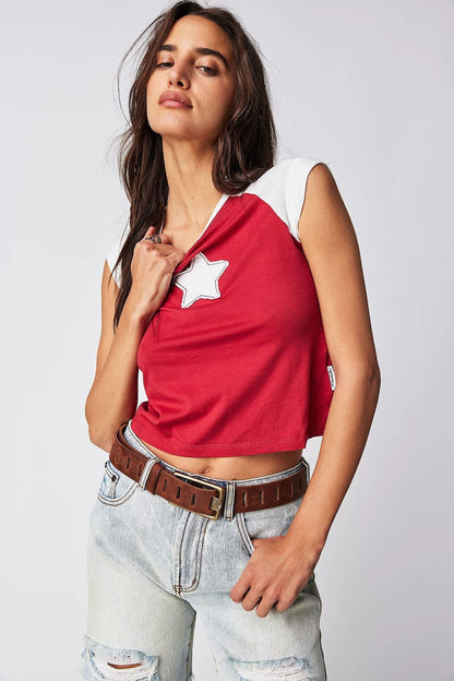 Color Block Star Splicing Slim Tops