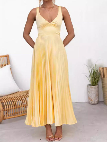 Elegant Yellow Satin A-Line Dress With V-Neck