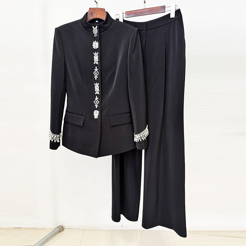 Trendy Black Beaded Jacket And Pants Set