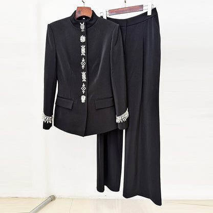 Trendy Black Beaded Jacket And Pants Set