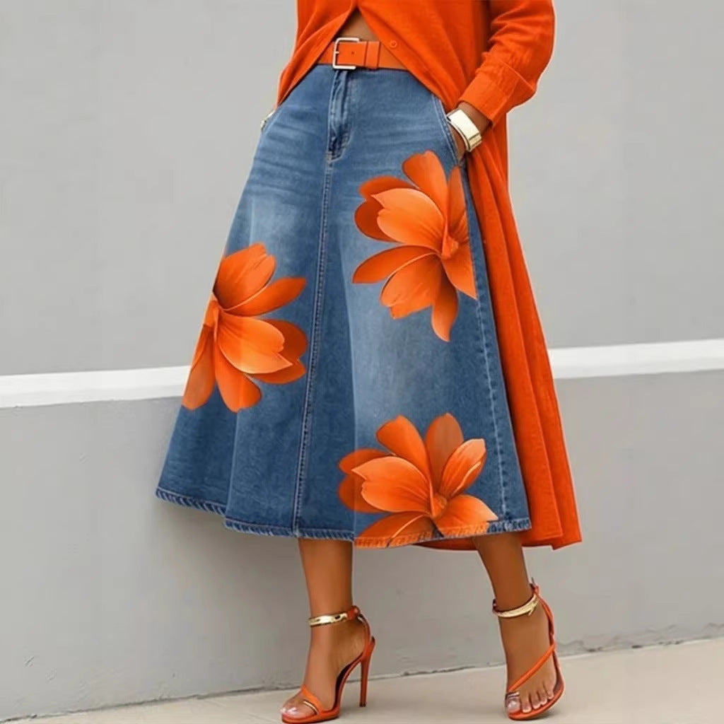 Floral Denim Midi Skirt