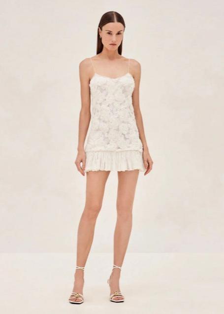 Floral Appliqué Ruffle Mini Dress White