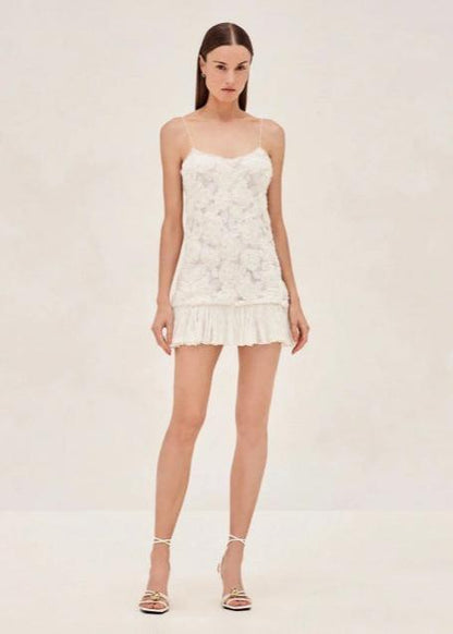 Floral Appliqué Ruffle Mini Dress White