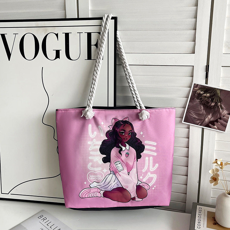 Classic Outdoor Canvas Tote Bag with Cartoon Print
