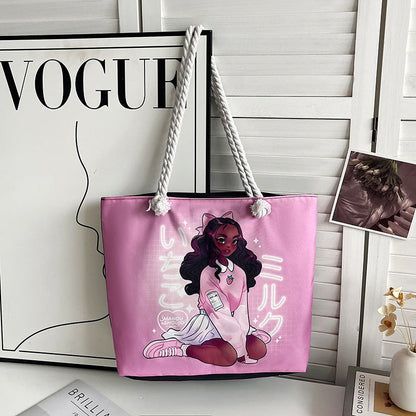 Classic Outdoor Canvas Tote Bag with Cartoon Print
