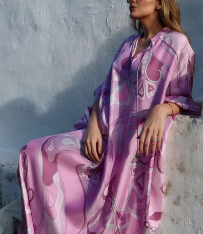 New Floral Print A-Line Dress with V-Neck and Batwing Sleeves