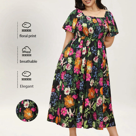 Plus Size A-Line Floral Maxi Dress With Square Neck