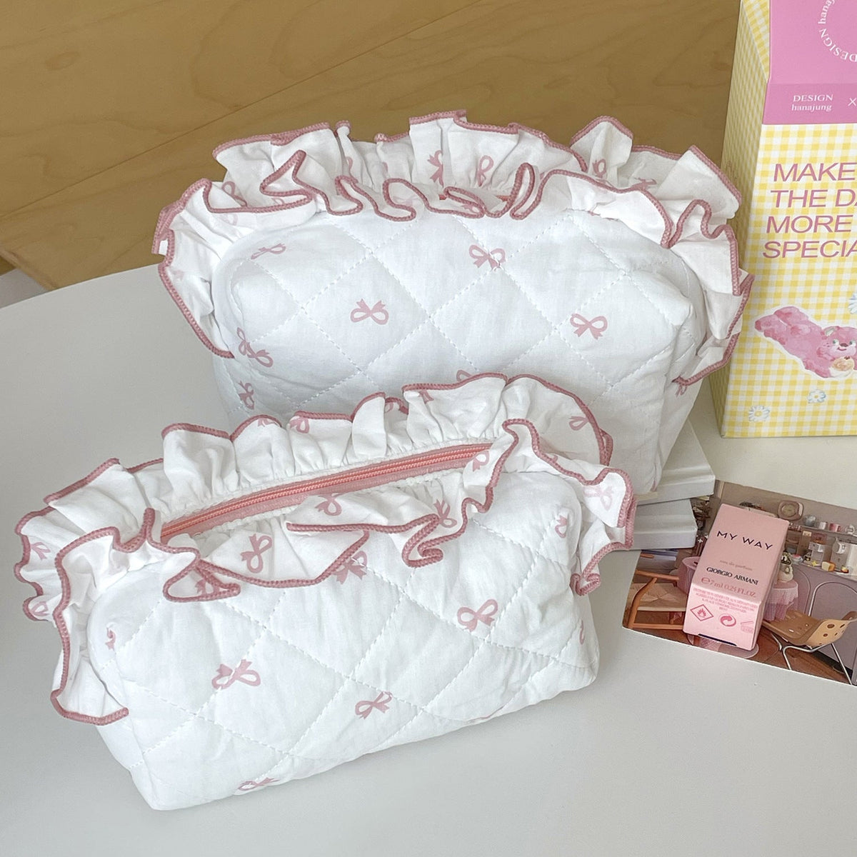 Butterfly Bow Makeup Bag Cute Portable Ruffled Clutch