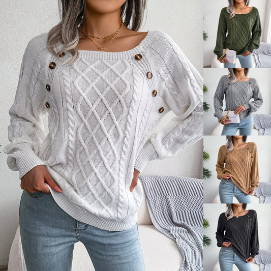 2025 Autumn And Winter Casual Square Collar Nail Button Twist Knitted Pullover Sweater