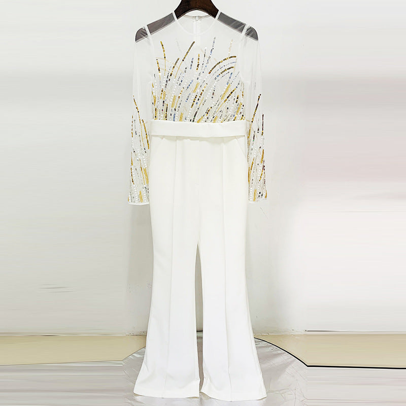 Sequin Jumpsuit with Sheer Overlay