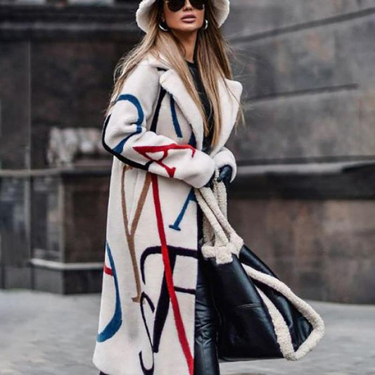 Autumn And Winter New Casual Loose Large Print Lettered Tweed Lapel Coat