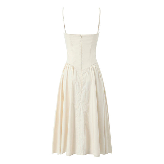 Solid Color Square Neck Pleated Midi Dress