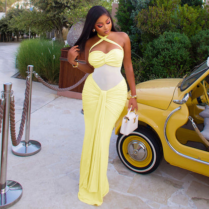 Sleeveless Solid Color Bodycon Dress With Neck Tie