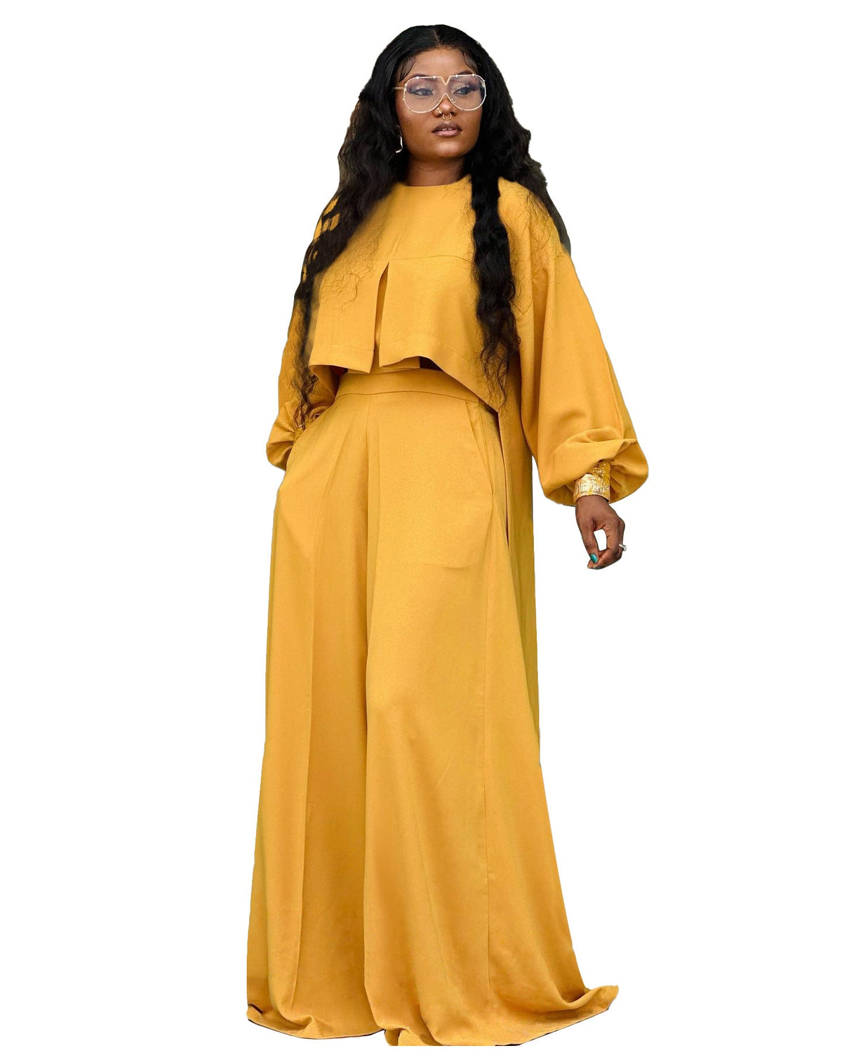 Casual Lantern Sleeve Top And Wide Leg Pants Set