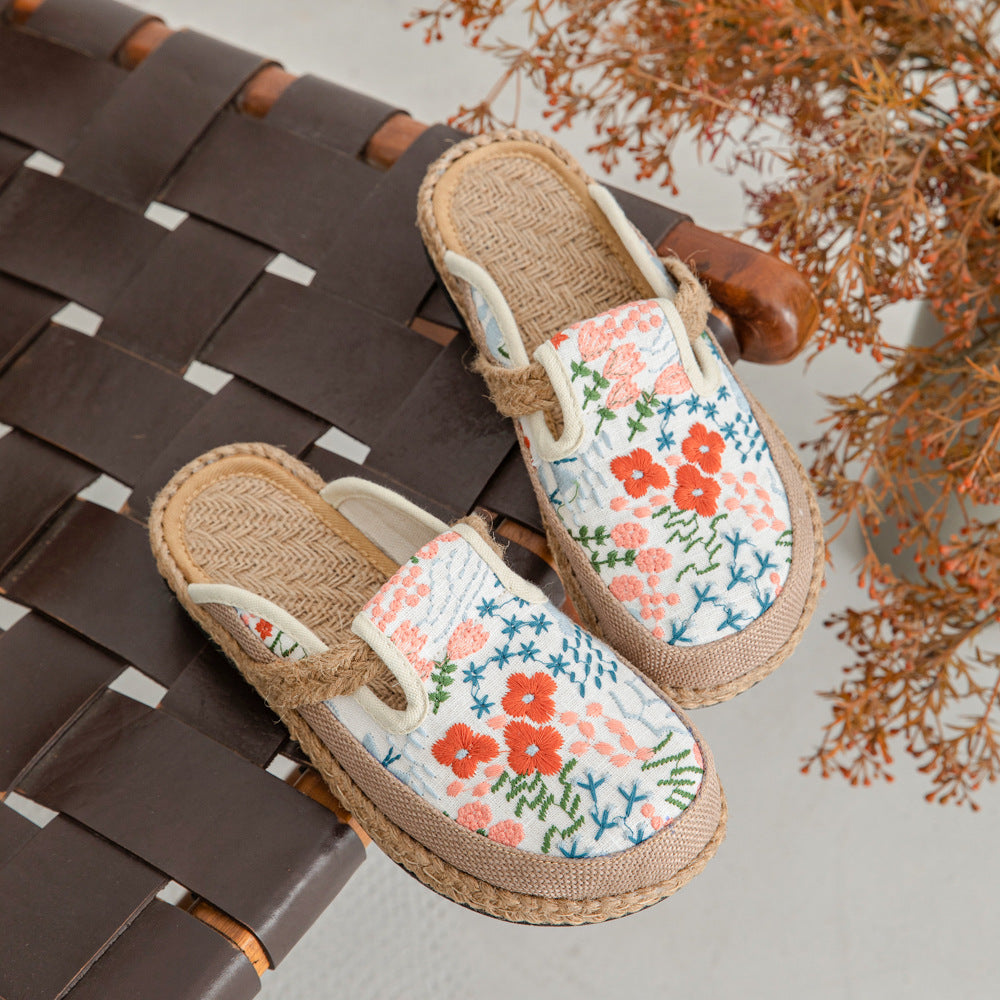 Spring And Summer New Cotton And Linen Slippers Women'S Ethnic Style Hand-Sewn Craft Bag Head Flat-Bottomed Slippers