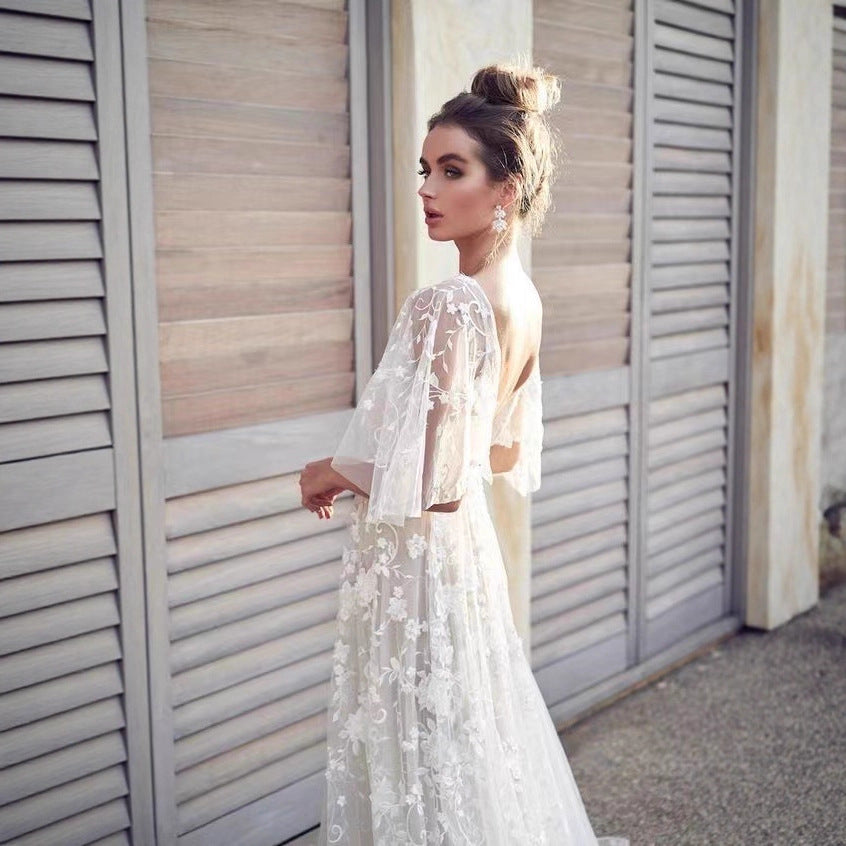Deep V Neck Lace Back Midi Dress Elegant Evening Gown