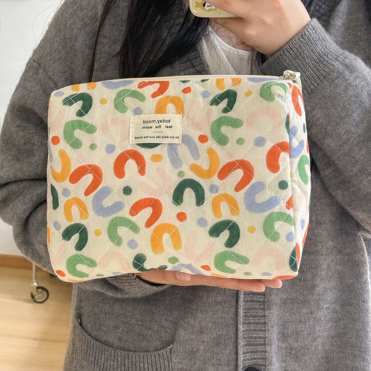 Colorful Quilted Makeup Bag Stylish Cotton Storage Pouch