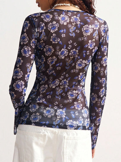 Elegant Floral Print V- Neck Long Sleeve Blouse