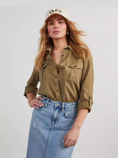 Casual Long Sleeve Denim Shirt With Polo Collar