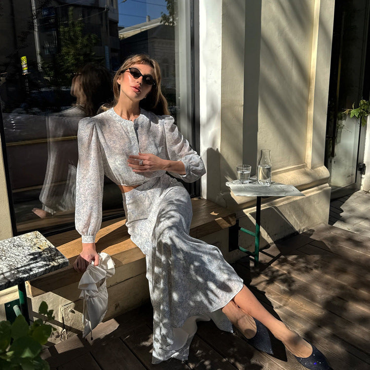 Floral Print High-Waisted Maxi Skirt and Long Sleeve Top Set