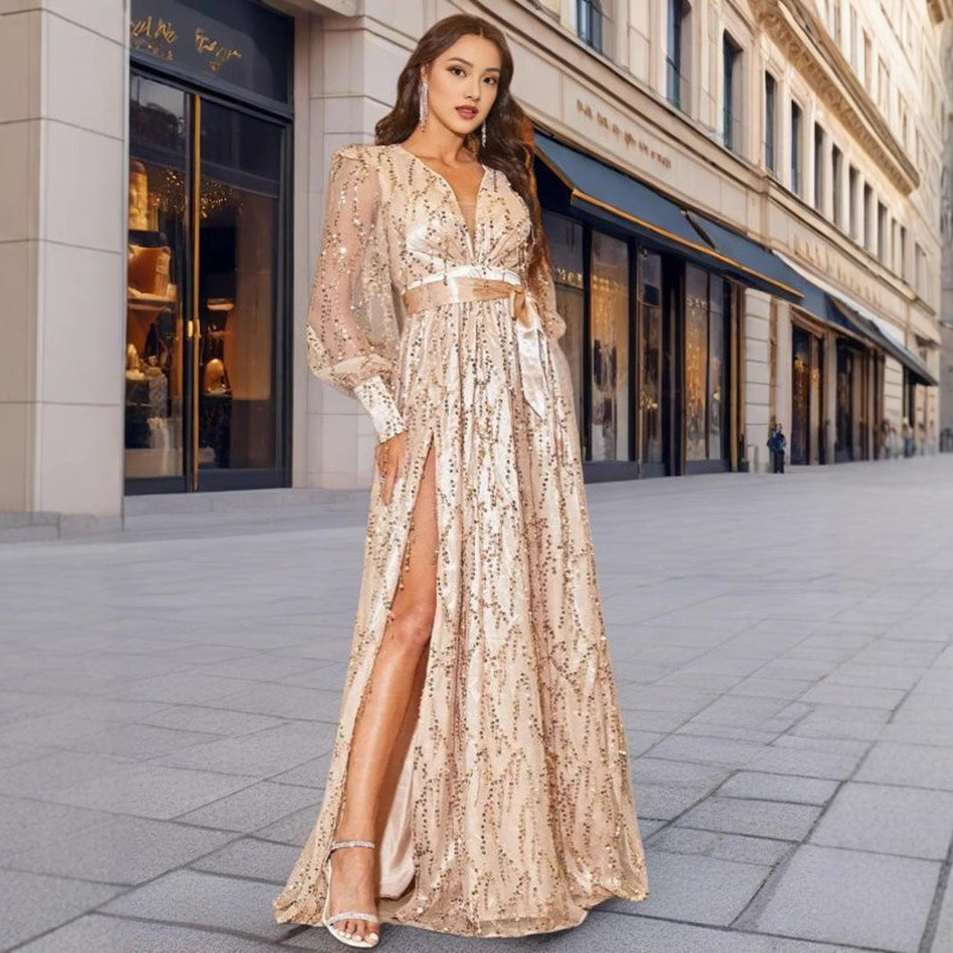 Elegant V-Neck Sequin Maxi Dress Party Gown
