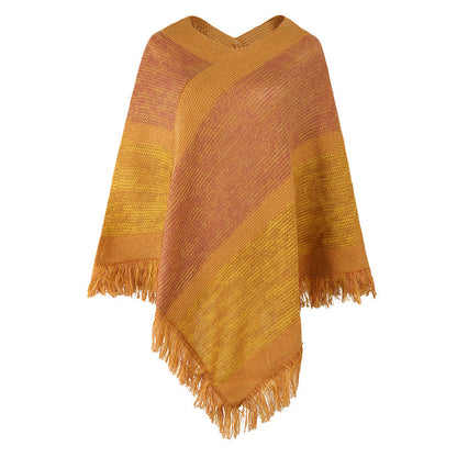 Contrast Stripe Knitted Cape Fringed Cape