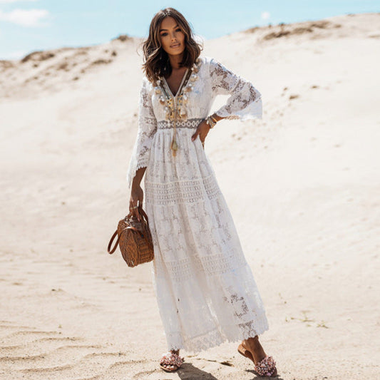 Lace-Paneled Lace, Fringed Flared Sleeves, Maxi Dress