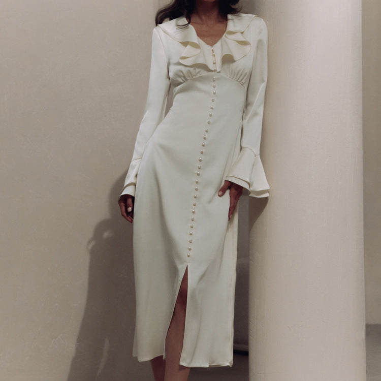 French Style Ruffled V Neck Long Sleeve Dress