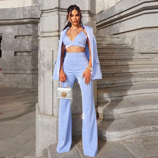 Blingbling Suit Top With One-Button And Flared Trousers Set